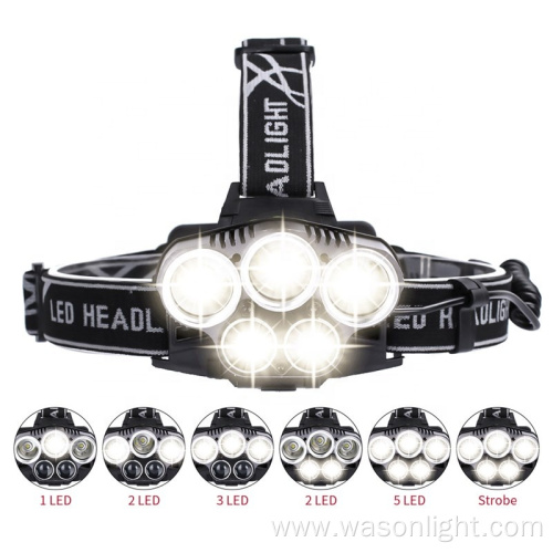 Factory Wholesale High Quality 5LED Most Powerful Adjustable Strong Light Rechargeable Led Headlamp Torch With Tail Safety Light